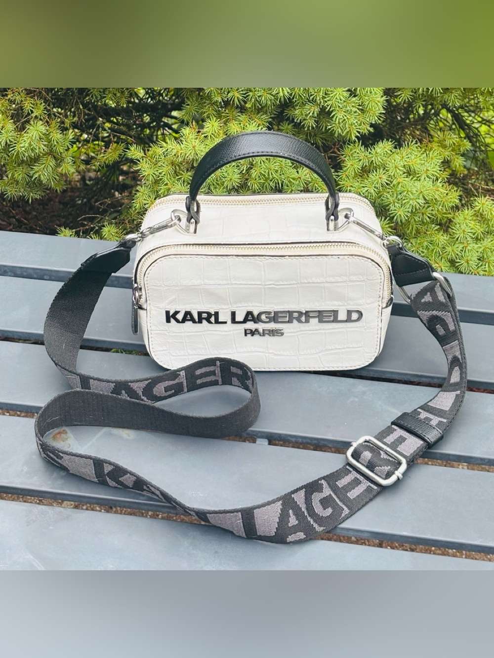 💗Karl Lagerfeld Paris White Croc Embossed Camera Crossbody Bag Silver Hardware💗